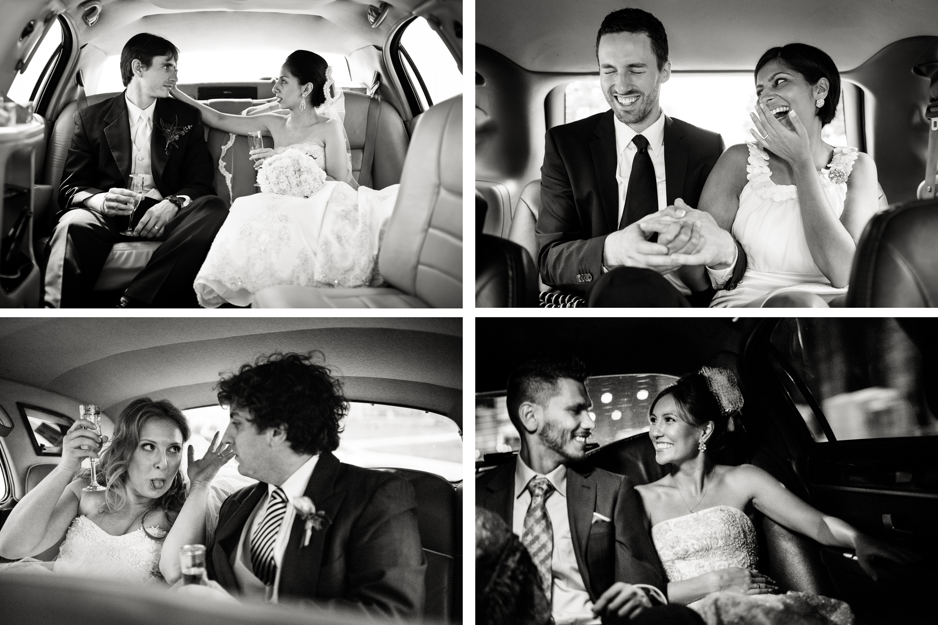 Bride and groom in limo assorted moments Denver wedding photojournalist