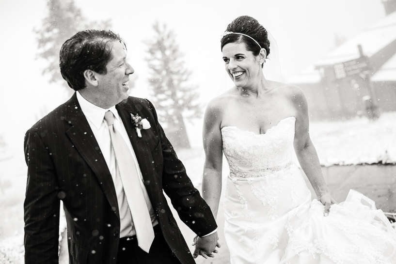 Bride and groom depart Spruce Saddle Lodge in Beaver Creek in a surprise snowstorm.