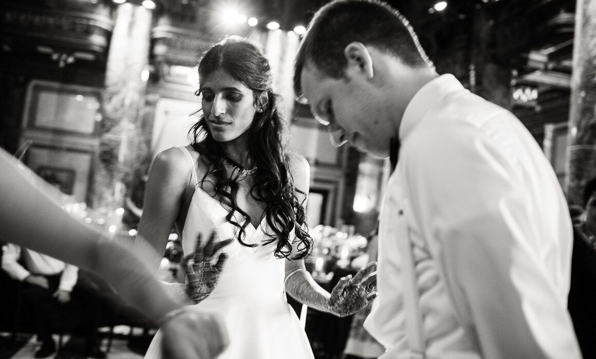 Bride and groom on dance floor in black and white image by Colorado wedding photographer.
